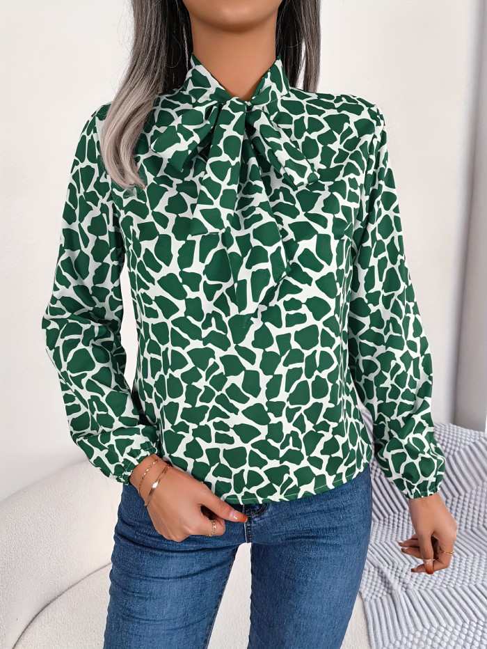Giraffe Print Tie-neck Blouse, Casual Long Sleeve Blouse For Spring & Fall, Women's Clothing