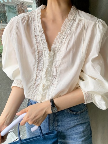 Solid Lace Splicing V-neck Blouse, Elegant Long Sleeve Blouse For Spring & Fall, Women's Clothing