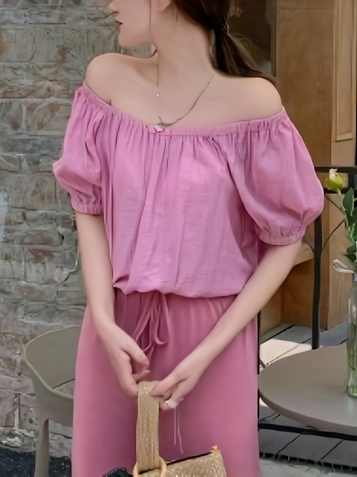 Solid Off Shoulder Blouse, Casual Short Sleeve Top For Spring & Summer, Women's Clothing
