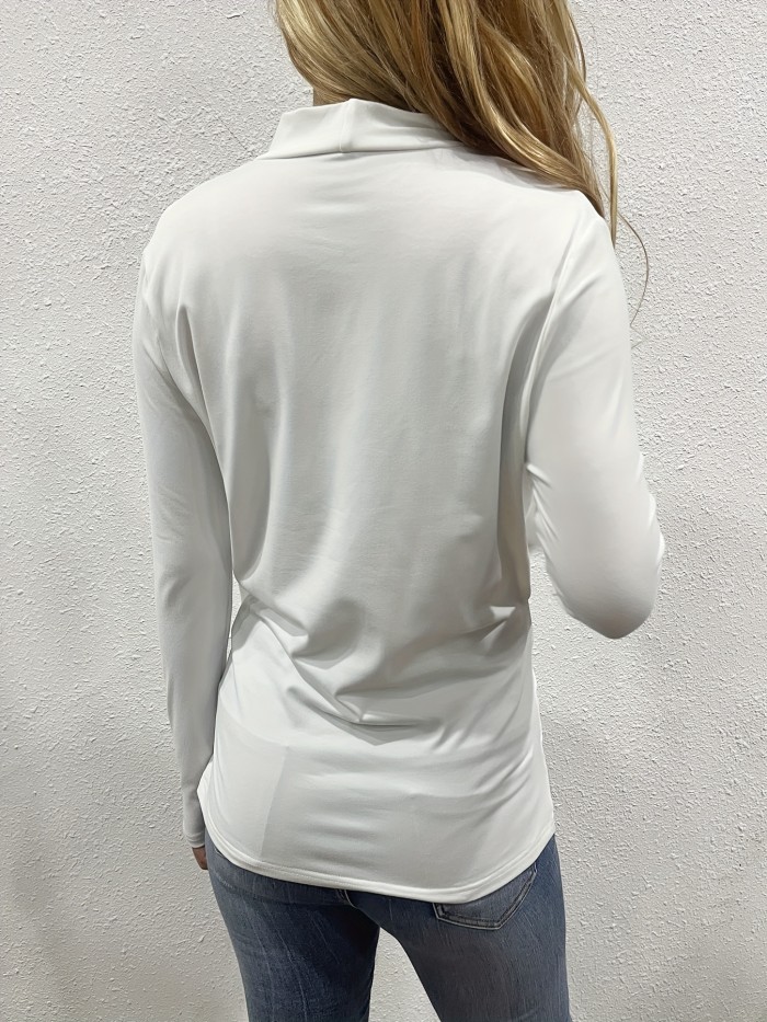 Solid Color Surplice Neck T-Shirt, Casual Long Sleeve T-Shirt For Spring & Fall, Women's Clothing