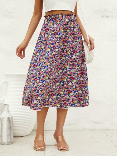 Boho Ditsy Floral Print Skirts, Vacation A Line Ruched Midi Skirts, Women's Clothing