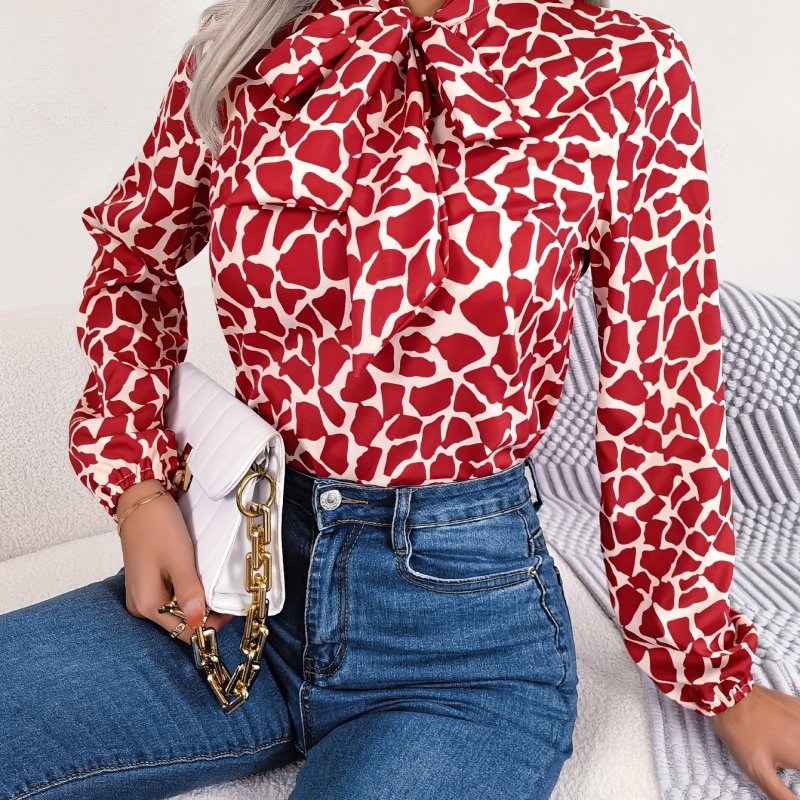 Giraffe Print Tie-neck Blouse, Casual Long Sleeve Blouse For Spring & Fall, Women's Clothing