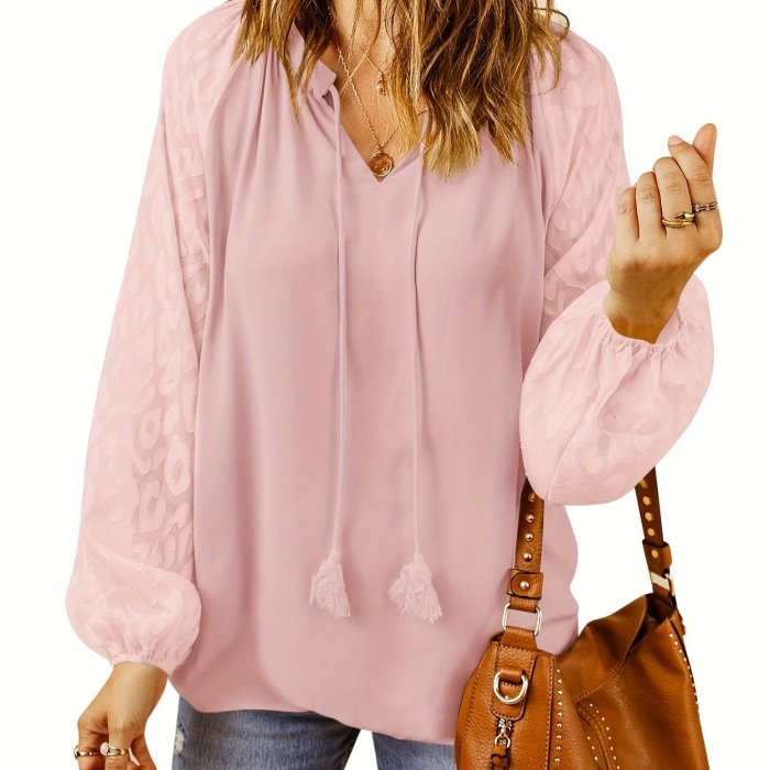 Solid Drawstring T-shirt, Casual V Neck Long Sleeve T-shirt For Spring & Fall, Women's Clothing