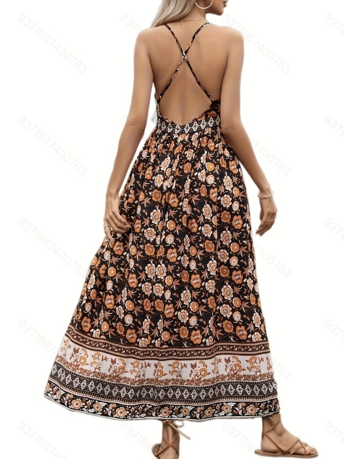 Floral Print Backless Dress, Boho Plunging Sleeveless Maxi Dress, Women's Clothing