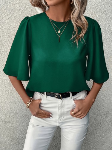 Solid Color Crew Neck Blouse, Casual Half Sleeve Blouse For Spring & Summer, Women's Clothing