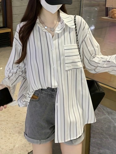 Stripe Print Button Front Blouse, Casual Long Sleeve Blouse For Spring & Fall, Women's Clothing