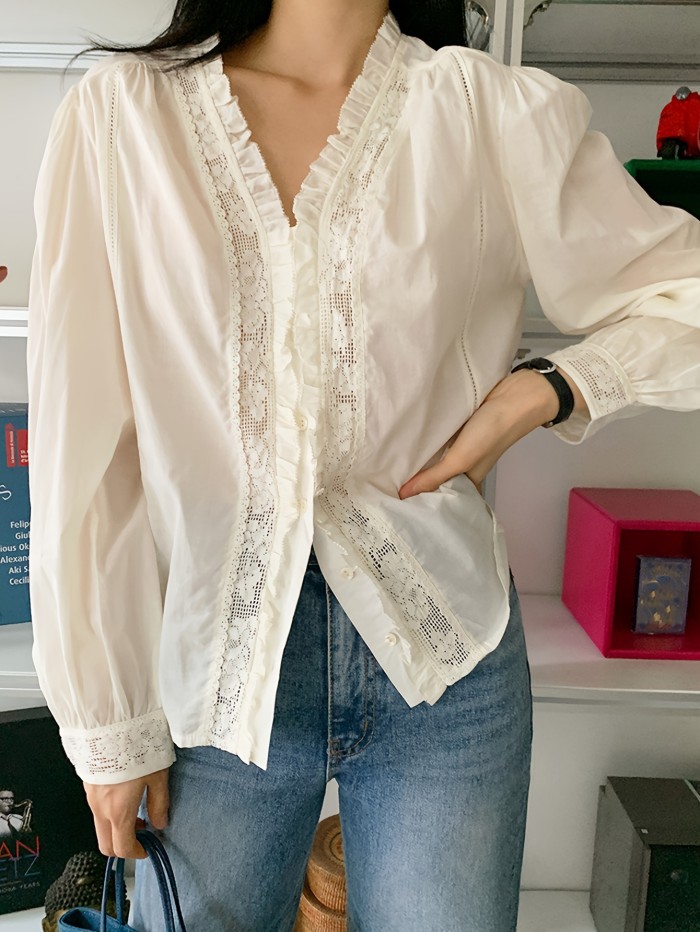 Solid Lace Splicing V-neck Blouse, Elegant Long Sleeve Blouse For Spring & Fall, Women's Clothing