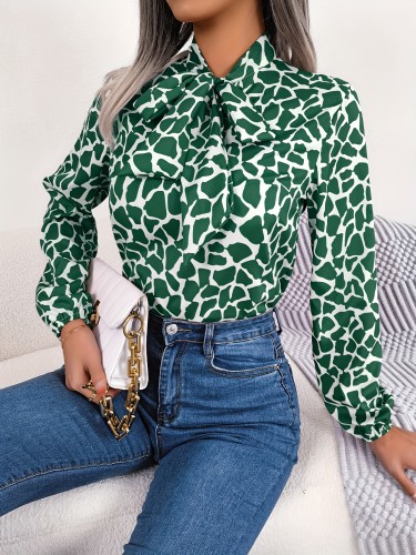 Giraffe Print Tie-neck Blouse, Casual Long Sleeve Blouse For Spring & Fall, Women's Clothing