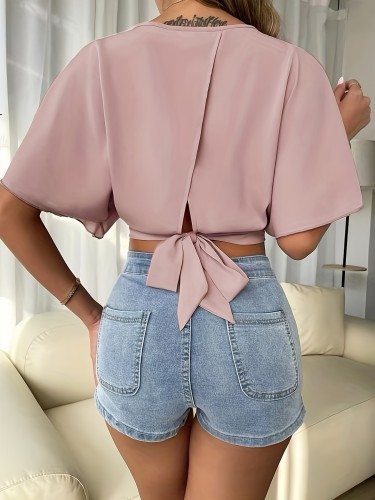 Solid V Neck Crop Blouse, Casual Short Sleeve Tied Back Blouse For Spring & Summer, Women's Clothing