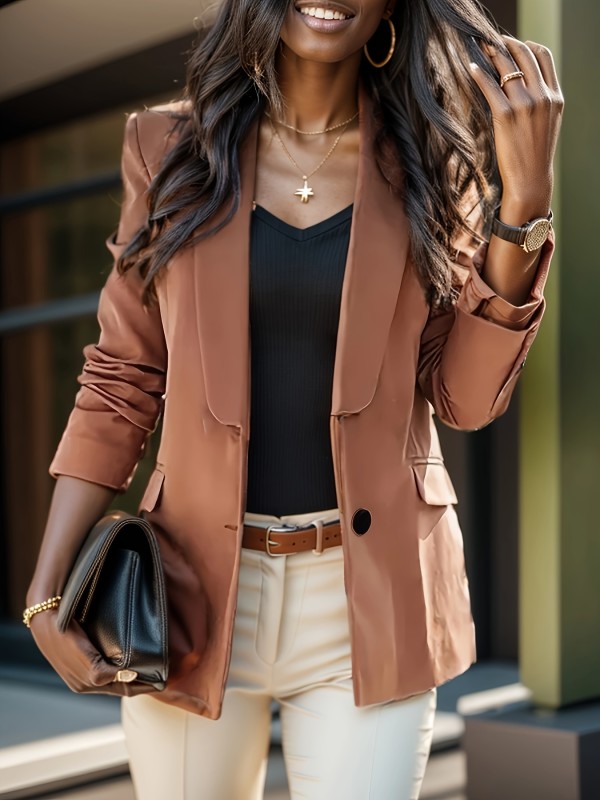 Solid Button Front Blazer, Casual Lapel Collar Flap Pocket Blazer, Women's Clothing