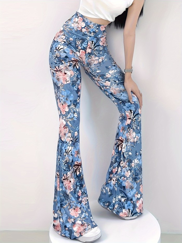 Floral Print Flare Leg Pants, Casual High Waist Forbidden Pants For Spring & Summer, Women's Clothing