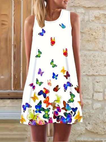 Butterfly Print Loose Tank Dress, Casual Crew Neck Sleeveless Tank Dress For Spring & Summer, Women's Clothing