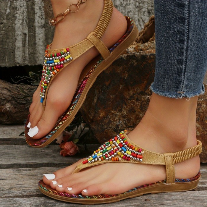 Boho Style Flat Thong Sandals, Colorful Beads Elastic Strap Slip On Shoes, Women's Casual Sandals