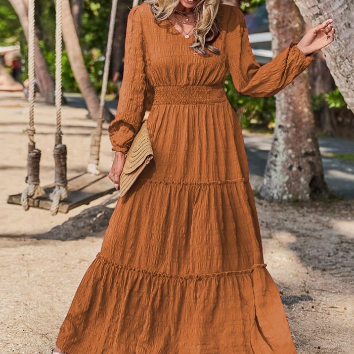 Solid V-neck Textured Maxi Dress, Vacation Style Smocked Long Sleeve Dress, Women's Clothing