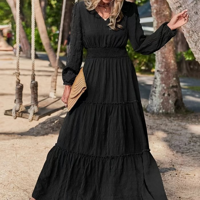 Solid V-neck Textured Maxi Dress, Vacation Style Smocked Long Sleeve Dress, Women's Clothing