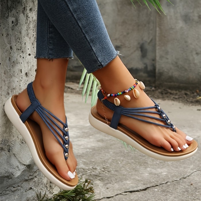 Women's Flat Thong Sandals, Boho Style Beads Elastic Strap Slip On Shoes, Casual Beach Sandals