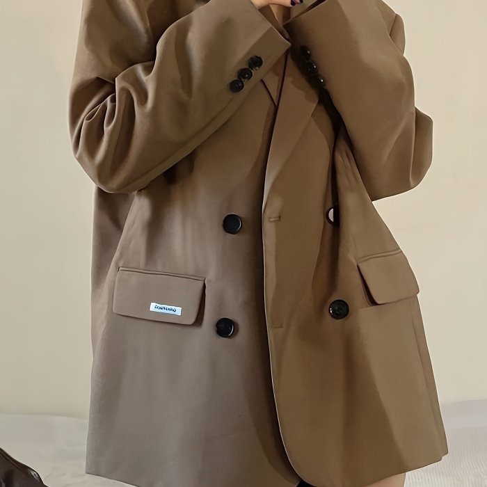 Solid Double Breasted Lapel Blazer, Vintage Long Sleeve Blazer For Fall & Winter, Women's Clothing
