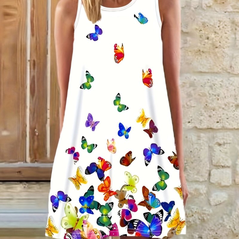 Butterfly Print Loose Tank Dress, Casual Crew Neck Sleeveless Tank Dress For Spring & Summer, Women's Clothing