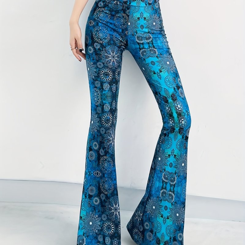Floral Print High Waist Pants, Sexy Flare Leg Pants For Spring & Summer, Women's Clothing
