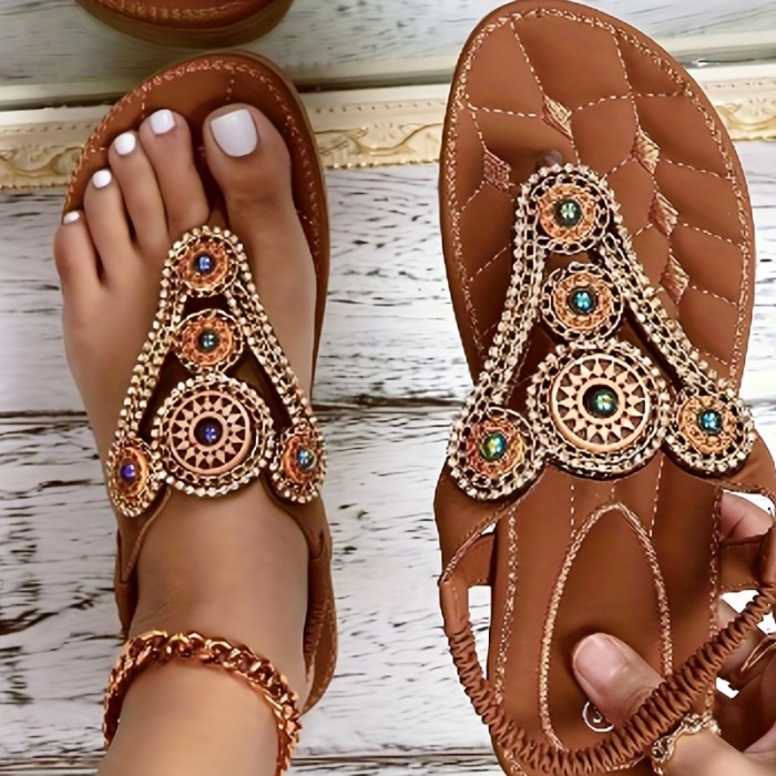 Women's Boho Flat Thong Sandals, Open Toe T-strap Elastic Strap Slip On Shoes, Outdoor Beach Sandals