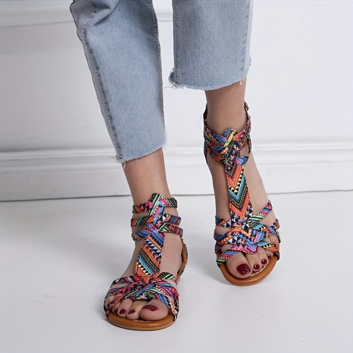 Women's Colorful Graffiti Pattern Sandals, Casual Buckle Straps & Back Zipper Shoes, Lightweight Summer Flat Sandals