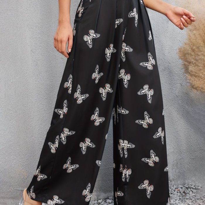 Butterfly Print Wide Leg Pants, Casual Pleated High Waist Pants, Women's Clothing