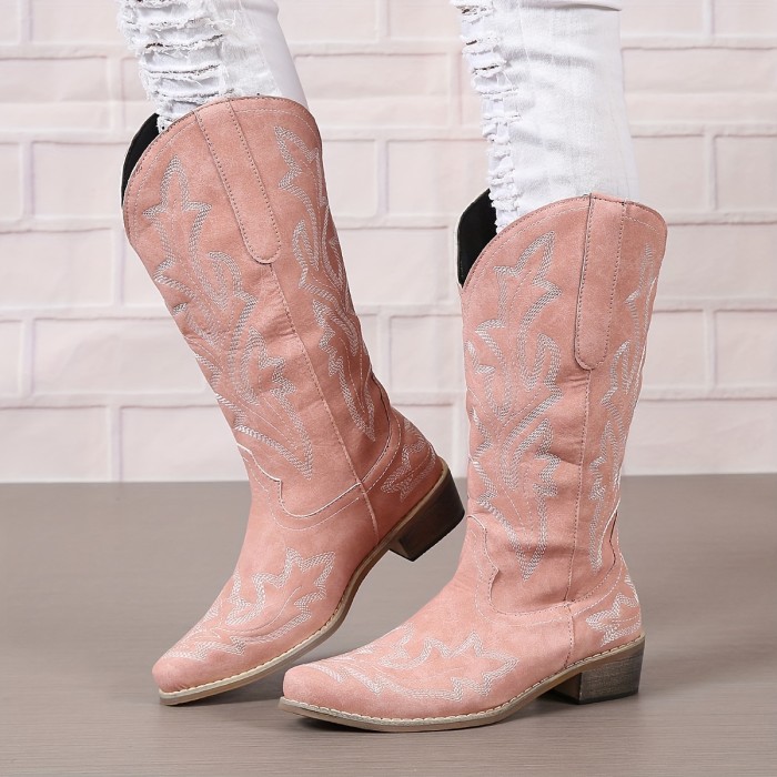 Women's Western Mid Calf Boots, V-cut Embroidery Cowgirl Boots, Retro Style Pointed Toe Slip On Shoes