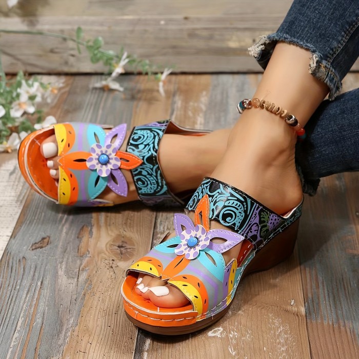 Women's Flower Decor Wedge Sandals, Comfortable Open Toe Summer Shoes, Women's Ethnic Style Shoes