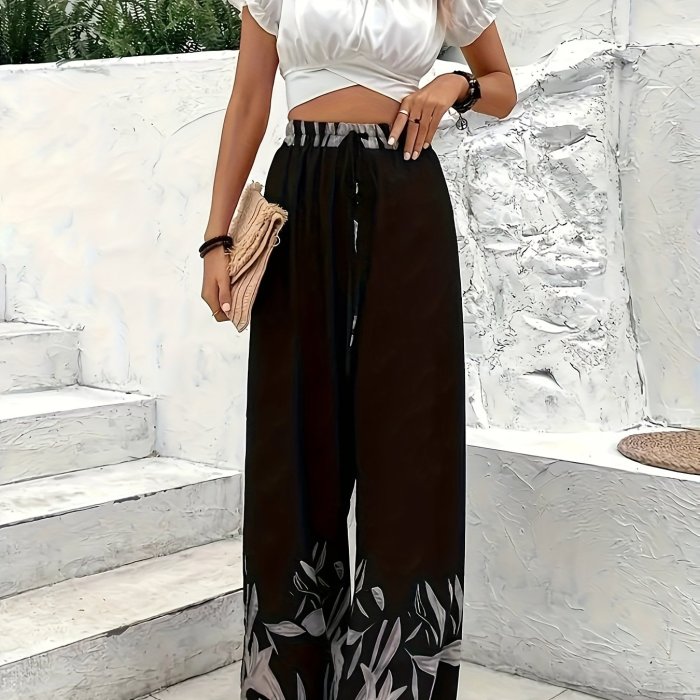 Plant Print Wide Leg Pants, Casual Loose Pants For Spring & Summer, Women's Clothing