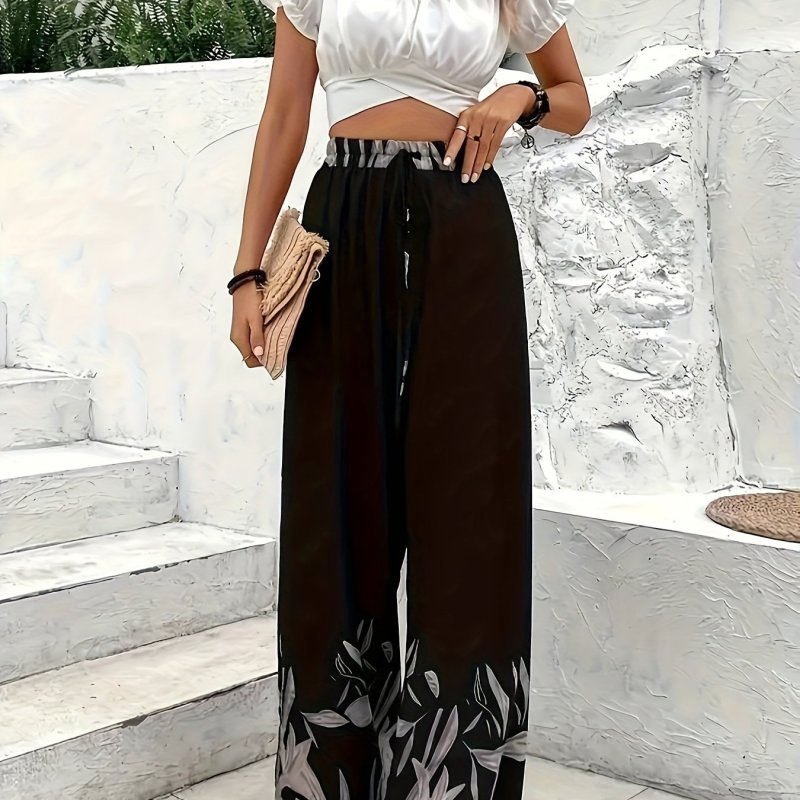 Plant Print Wide Leg Pants, Casual Loose Pants For Spring & Summer, Women's Clothing