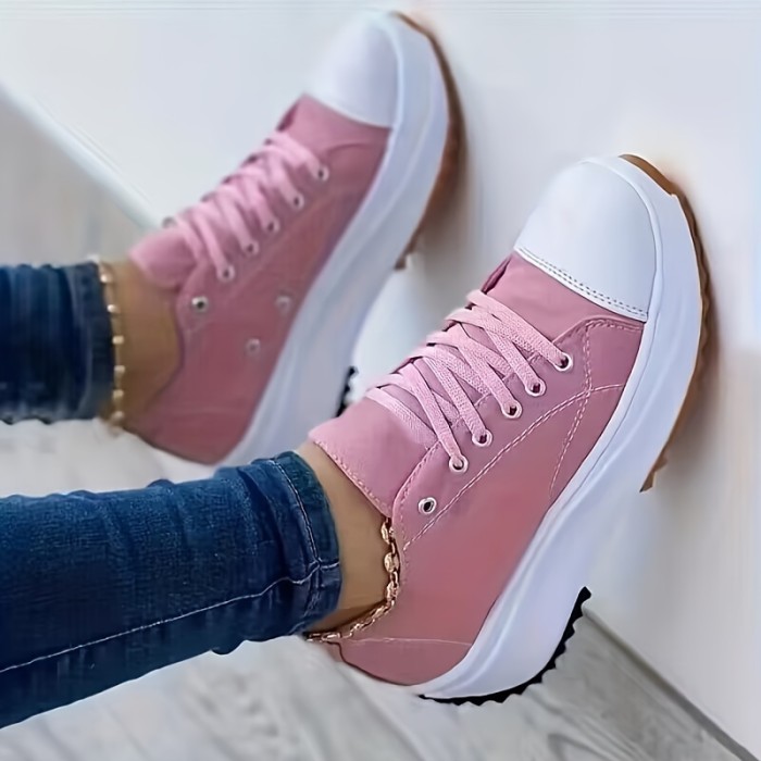 Women's Chunky Canvas Shoes, Non Slip Lace Up Casual Sneakers, Thick Sole Running Sports Shoes