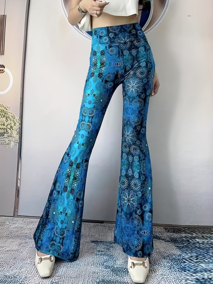 Floral Print High Waist Pants, Sexy Flare Leg Pants For Spring & Summer, Women's Clothing