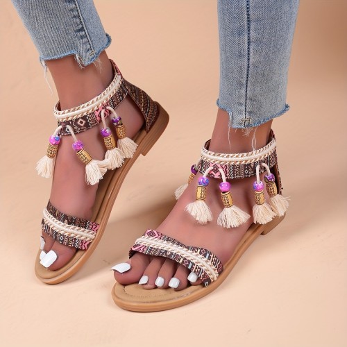 Women's Boho Tassel Flat Sandals, Tribal Style Open Toe Backless Back Zipper Shoes, Casual Beach Travel Sandals