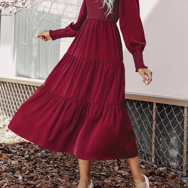 Ruffle Hem Solid Dress, Elegant Long Sleeve Dress For Spring & Fall, Women's Clothing