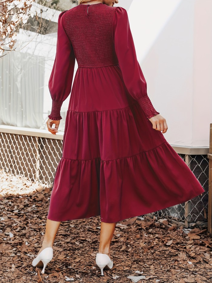 Ruffle Hem Solid Dress, Elegant Long Sleeve Dress For Spring & Fall, Women's Clothing