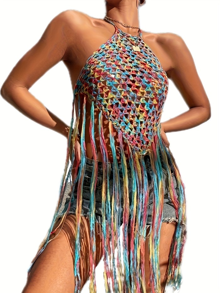 Colorful Fringe Hem Halter Top, Versatile Backless Vacation Style Knitted Top, Women's Clothing