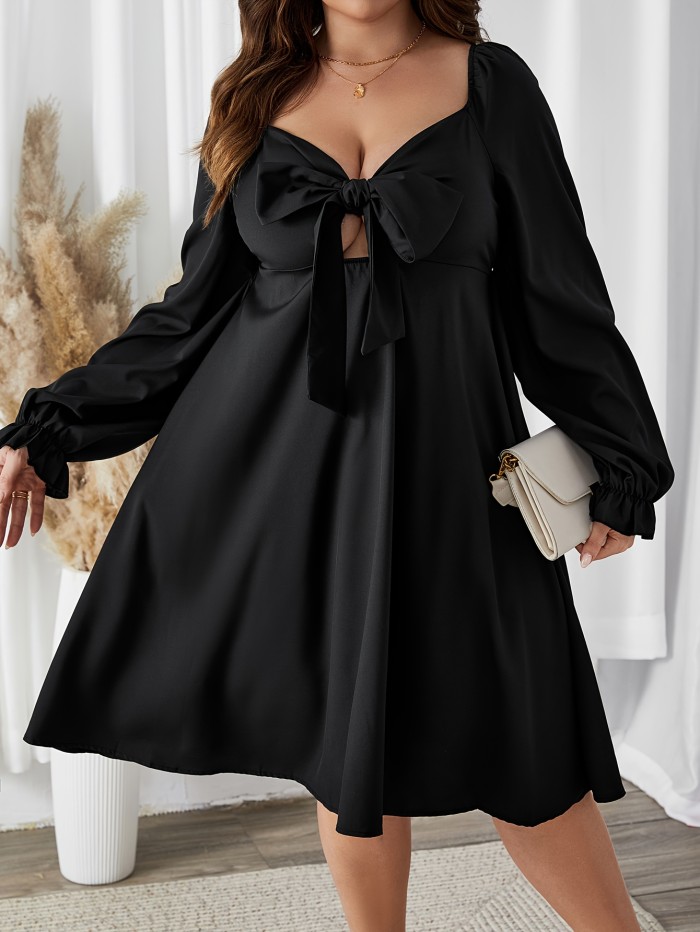 Plus Size elegant Dress, Women's Plus Solid Cut Out Bow Knot Front Flounce Sleeve V Neck A-line Dress