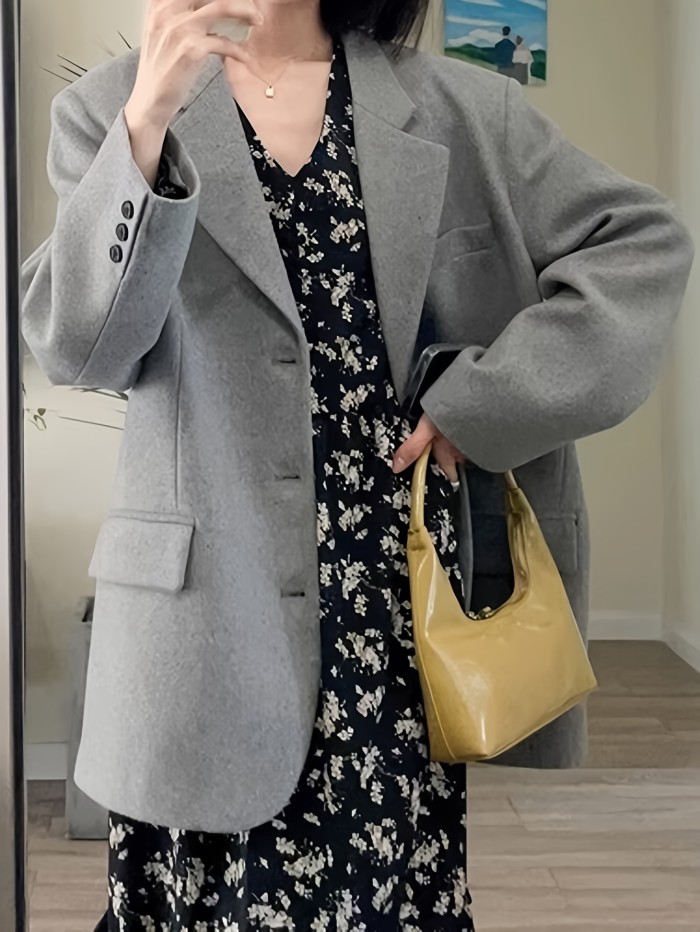 Single Breasted Lapel Blazer, Casual Solid Long Sleeve Outerwear, Women's Clothing