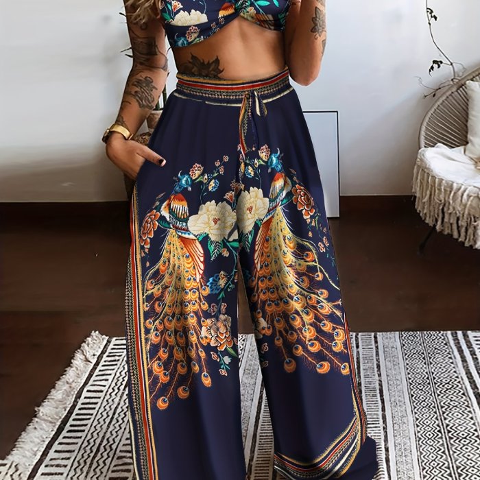 Boho Butterfly Print Two-piece Set, Crop Cami Top & Wide Leg Pants Outfits, Women's Clothing