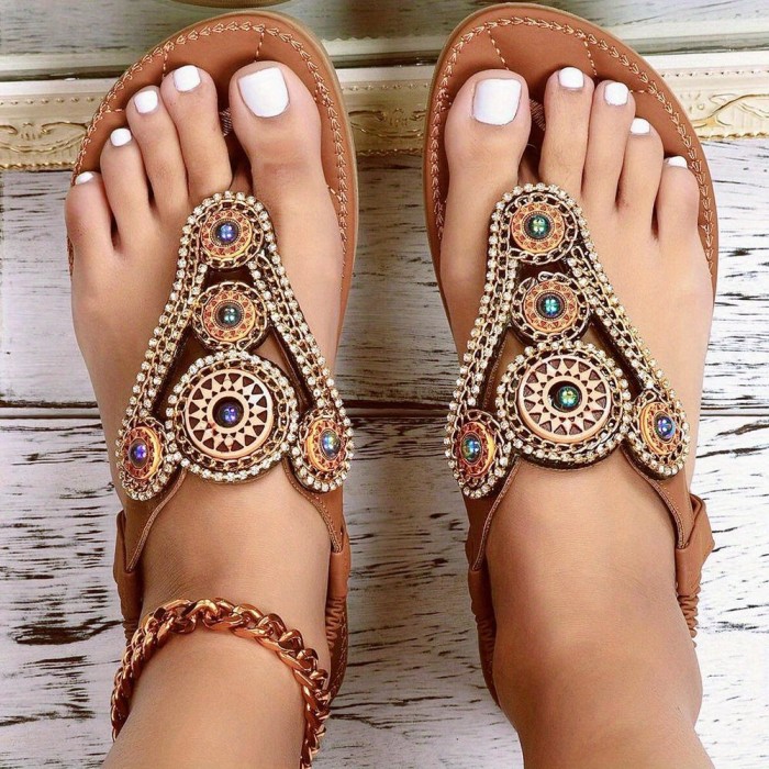 Women's Boho Flat Thong Sandals, Open Toe T-strap Elastic Strap Slip On Shoes, Outdoor Beach Sandals