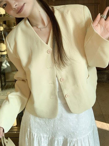 Solid Single Breasted V-neck Blazer, Sweet Long Sleeve Blazer For Spring & Fall, Women's Clothing