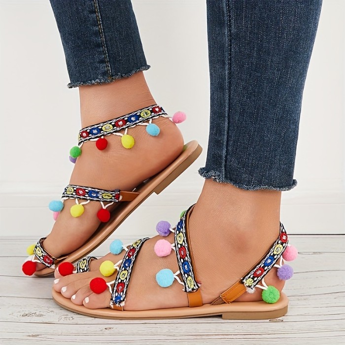 Women's Colorful Flat Samdals, Boho Style Toe Loop Slip On Shoes, Summer Beach Sandals