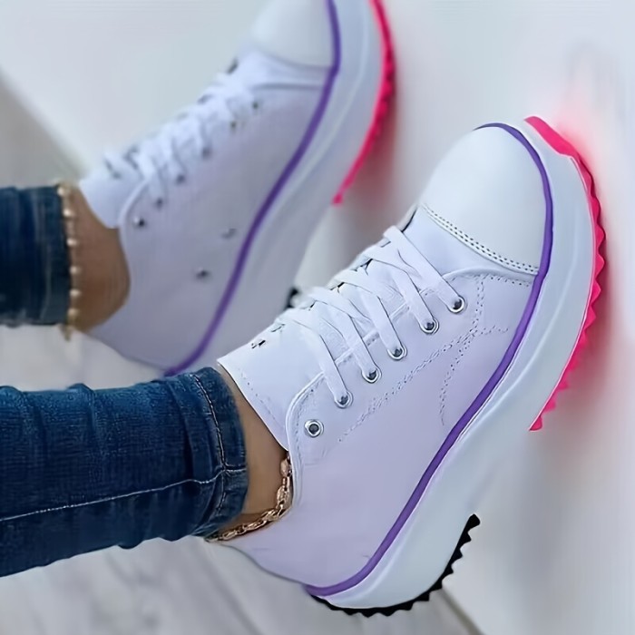 Women's Chunky Canvas Shoes, Non Slip Lace Up Casual Sneakers, Thick Sole Running Sports Shoes