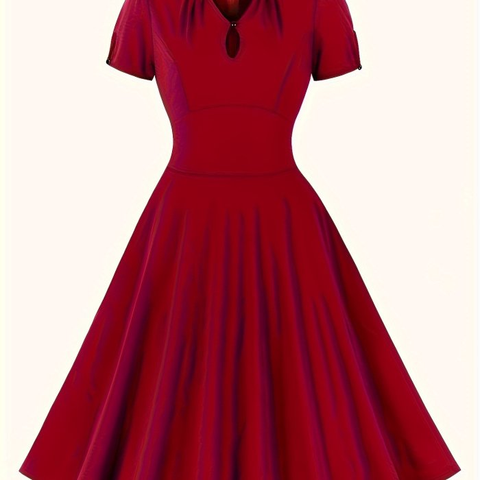 Plus Size Retro Dress, Women's Plus Solid Cut Out Front Puff Sleeve V Neck Nipped Waist A-line Dress