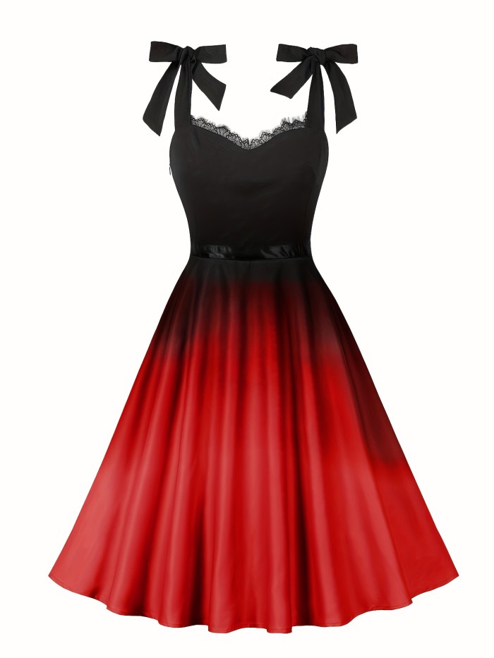 Ombre Contrast Lace Waist Dress, Tie Strap Sweetheart Neck Vintage Dress, Women's Clothing