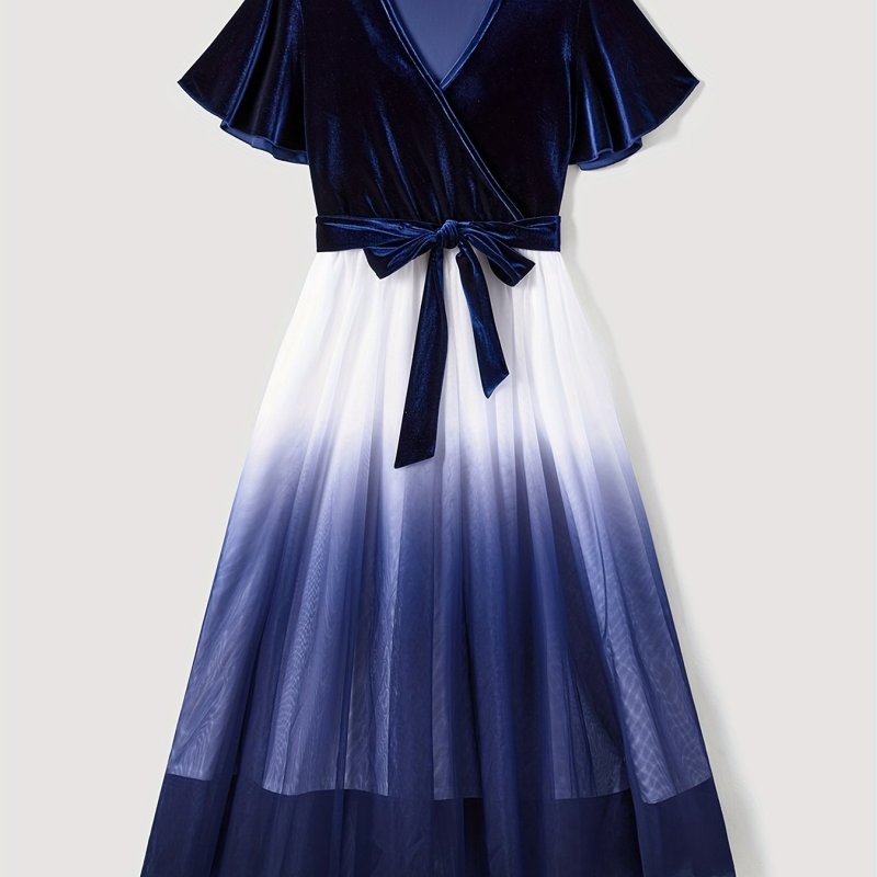 Ombre Contrast Mesh Belted Velvet Dress, Flutter Sleeve Surplice Neck Elegant Dress, Women's Clothing