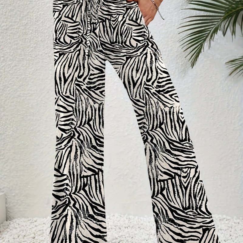 Slant Pockets Wide Leg Pants, Elegant Allover Print Drawstring Pants For Spring & Summer, Women's Clothing
