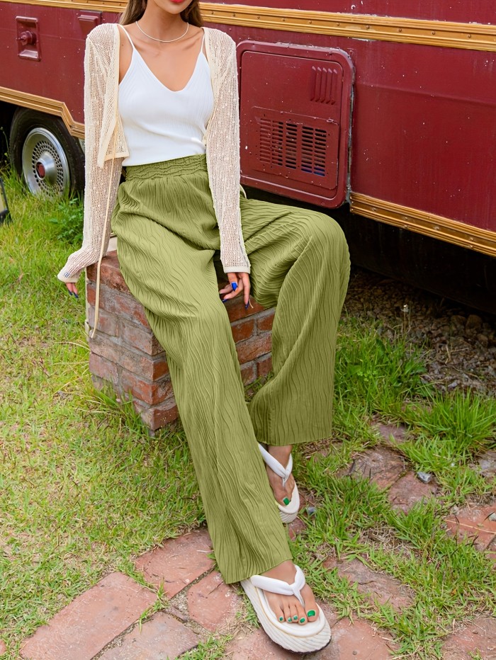 Solid Textured Wide Leg Pants, Casual High Waist Loose Pants, Women's Clothing