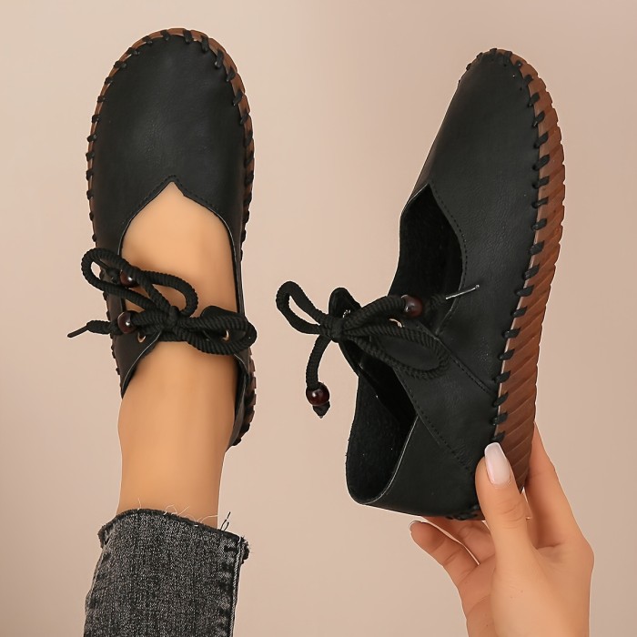 Women's Lace Up Flat Shoes, Comfortable Solid Color Soft Sole Shoes, Retro Lightweight Daily Outdoor Flats