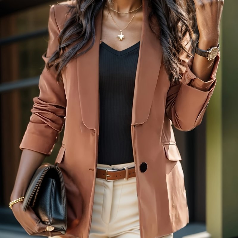 Solid Button Front Blazer, Casual Lapel Collar Flap Pocket Blazer, Women's Clothing